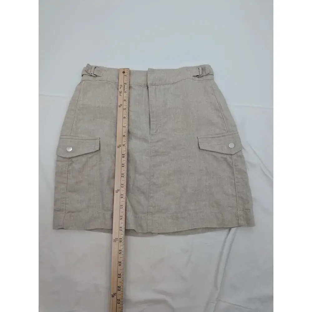 Athleta Voyager Size 6 Tan 100% Linen Zip Up Mini Skirt Adjustable Snap Pockets